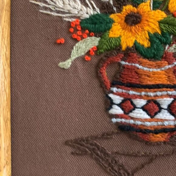 Cottagecore Handmade Wooden Framed Flowers In Pitcher Crewel Embroidery Wall Art - Picture 6 of 17